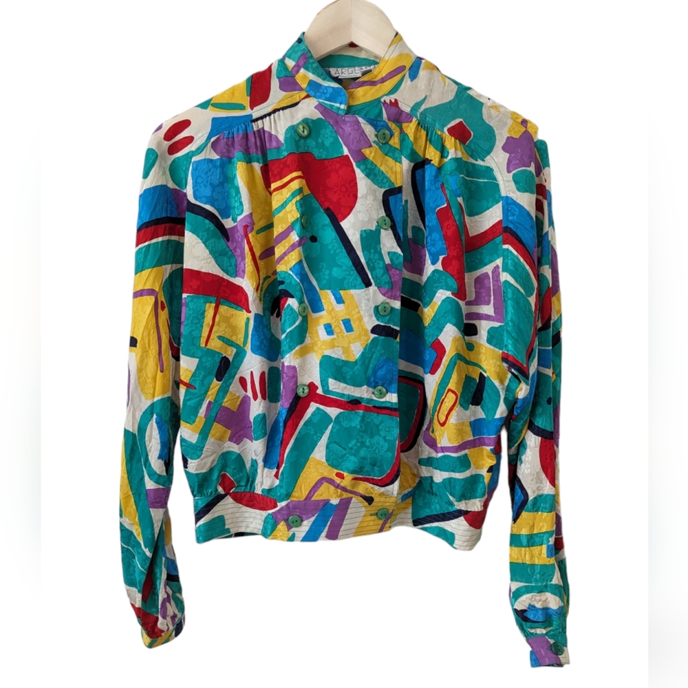Argenti Vintage Bold Colorful Print Cropped Double Breasted Silk Blouse, size 6 - Picture 2 of 13